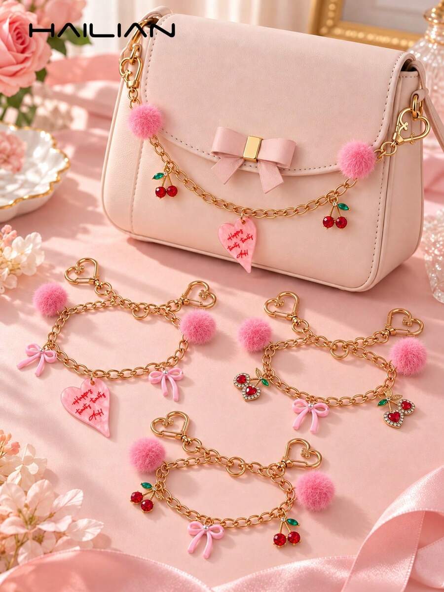 HAILIAN Sweet Pink Bag Charm Chain, Bow/Cherry/Heart Pendant, Gold Chain, Girly Handbag Accessory - Multicolor - View 1