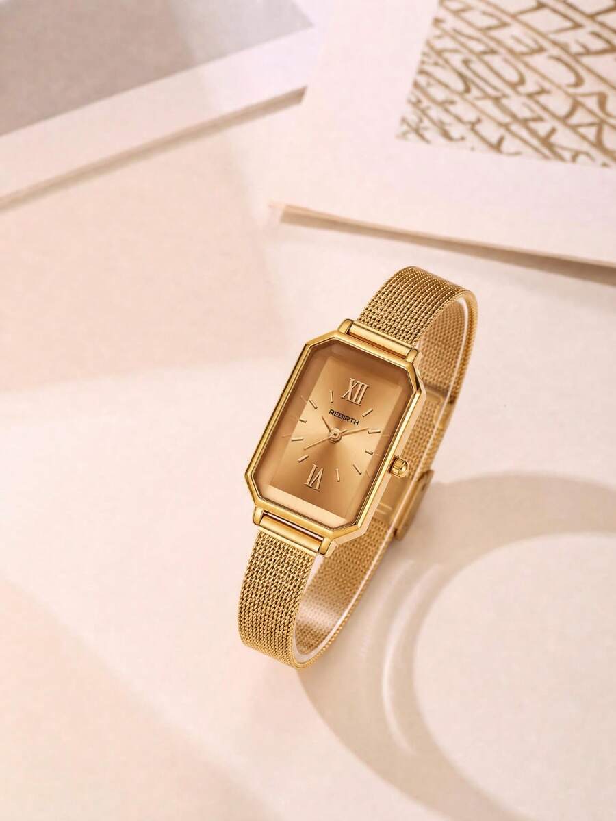 REBIRTH 1pc Women's Minimalist Fashion Versatile Retro Oval Roman Numeral Quartz Wrist Watch Commuter Accessory - Gold - View 1