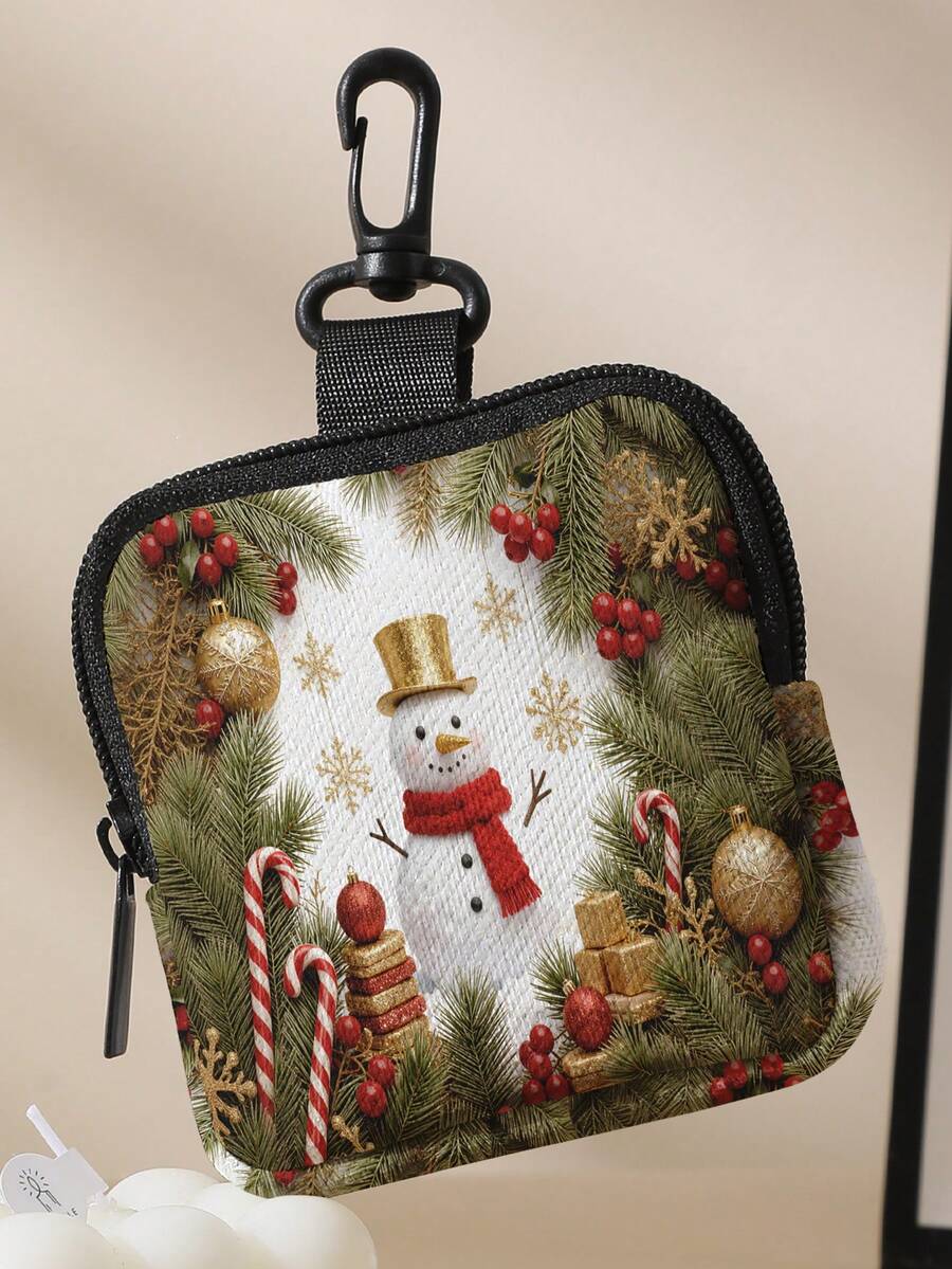 1 buah Dompet Koin Mini Anak-anak Motif Natal dan Manusia Salju, Penutup Resleting, Kantong Kecil dengan Kait Putar untuk Earphone, Koin, Kunci. Dapat Digantung di Ransel. - banyak - View 1