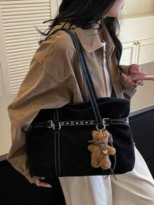 1PC Fashion Metal Buckle Decor PU Fabric Shoulder Underarm Large Capacity Tote Bag For Women, Cool Wide Strap With Bear Accessory, Versatile Solid Color, Suitable For Daily, Business Trip, Photography, Date, Travel And More - Black - View 11