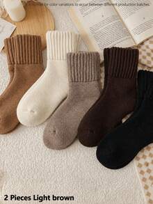 5 Pairs/1 Pair Comfortable Thick Fleece Warm Mid-Calf Socks, Elastic Ribbed Knit Winter Socks With Earth Tone Terry Lining, Suitable For Boots And Indoor/Outdoor Wear, Random Color, 2/6/10/20 Pairs - Set a - View 8