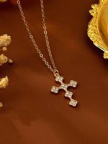 1pc Luxury Full Rhinestone Four-Leaf Clover Cross Pendant Necklace, Niche Design Rhinestone Collarbone Chain, Elegant Versatile European & American Style New Necklace - Full Diamond Cross Necklace - View 3