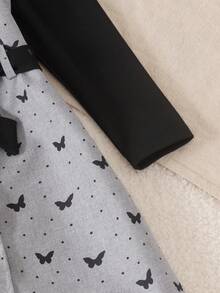 2pcs Girls Sweet Cool Commuter Style Round Neck Puff Long Sleeve Patchwork Full Print Bow Polka Dot Double Breasted Design Dress With Detachable Belt Set Spring Autumn - Black - View 4
