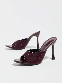 Women's Hollow Peep-Toe Pointed Toe High Heel Sandals With Rhinestone Decor, Formal Shoes, Spring/Summer Versatile Commute Party Wedding Outdoor Wear Wine Red Fashion Sandals - Burgundy - View 5