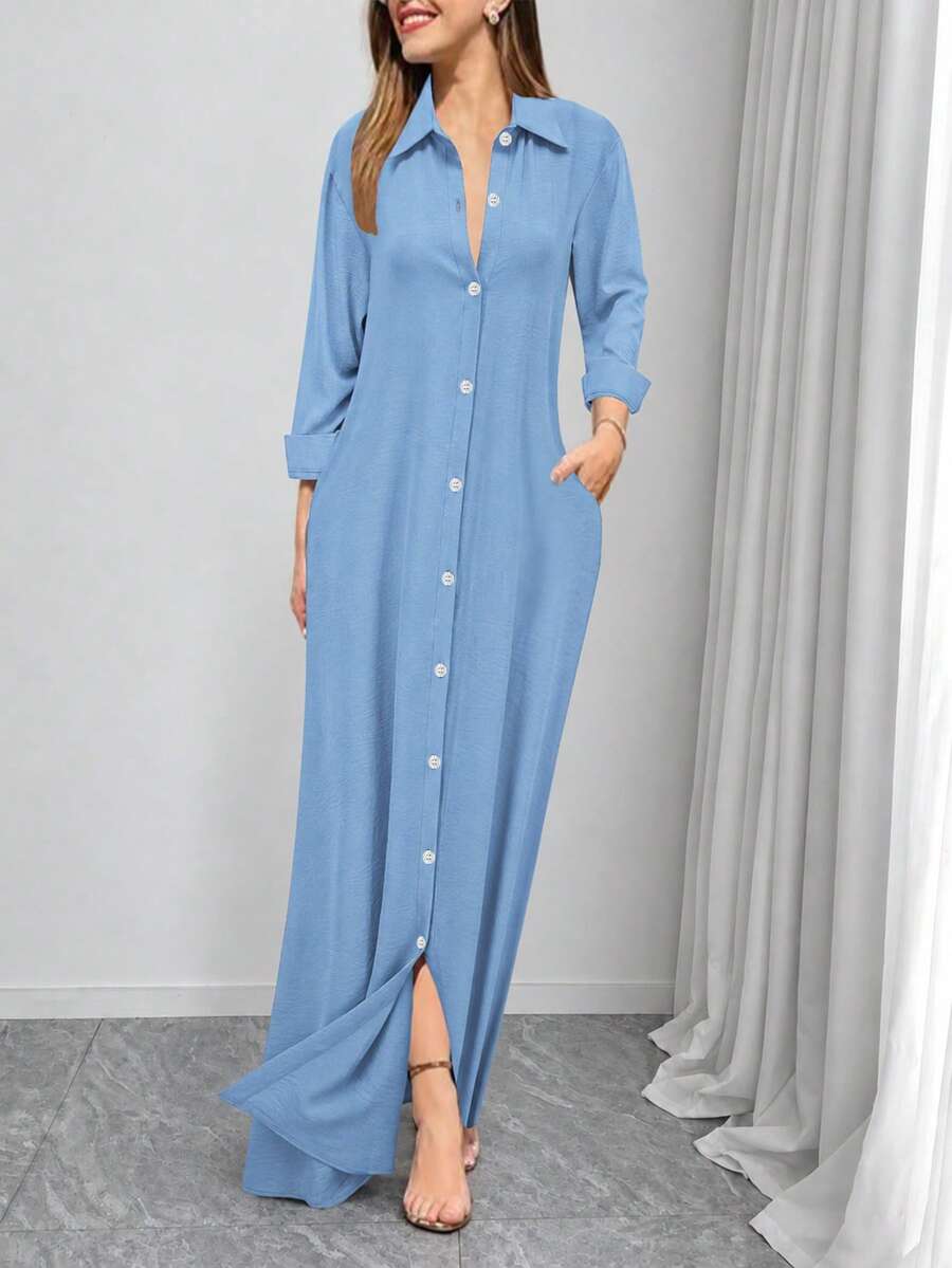 Fashion Women Casual Shirt Dress Elegant Spring - Blue - View 1