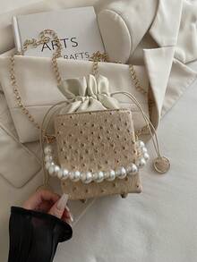 Mini Embossed Drawstring Acrylic Fashion Pearl Handbag - Khaki - View 9