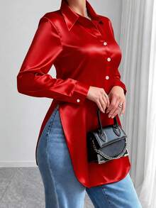 Women's Fashion Satin Lapel Side Slit Draping Elegant Long Sleeve Blouse Spring Red - Red - View 1