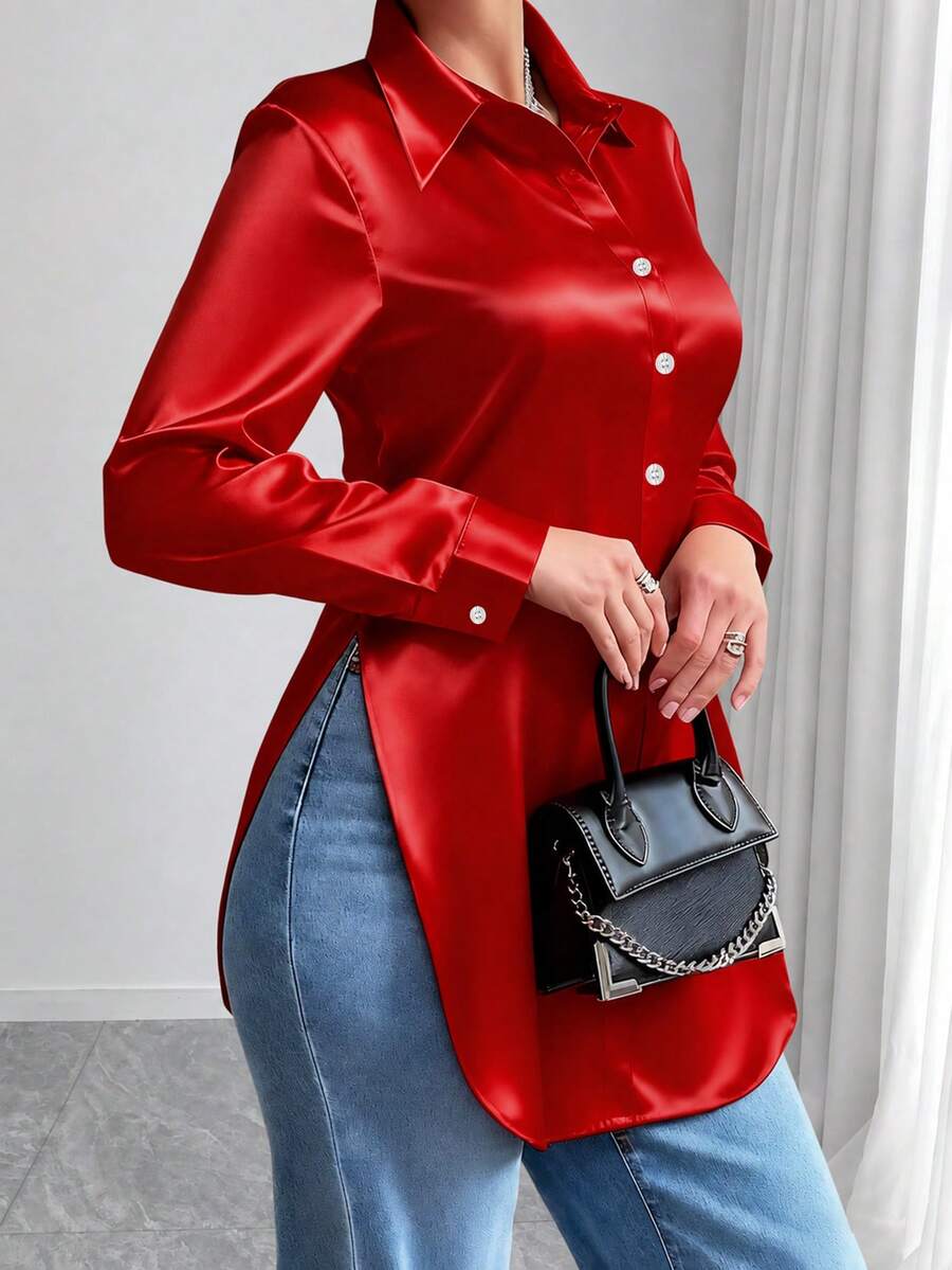 Women's Fashion Satin Lapel Side Slit Draping Elegant Long Sleeve Blouse Spring Red - Red - View 1