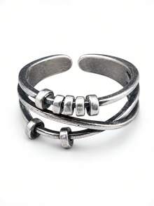 Vintage Distressed Multi-Layer Round Button Ring, Aged Silver Color, Anxiety Relief Spinning Jewelry, European And American Niche Men's Open Adjustable Finger Ring - Antique Silver - View 5
