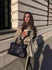 Women Fall Winter Elegant Casual Belted Long Sleeve Jacket For Office Work Daily Going Out Vacation - Light Grey - View 3