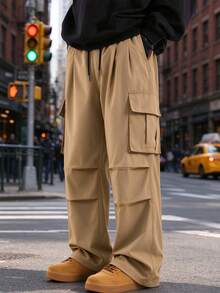 1pc Men's Outdoor Straight Leg Cargo Pants, Multi-Pocket Pleated Design, Durable Long Pants, Suitable For Hiking, Trekking And Casual Wear - Khaki - View 1