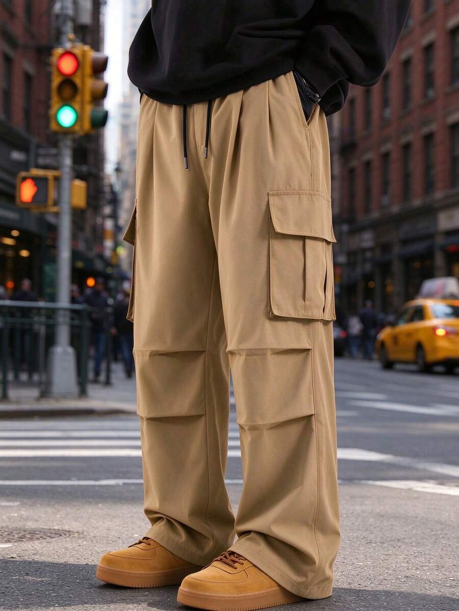 1pc Men's Outdoor Straight Leg Cargo Pants, Multi-Pocket Pleated Design, Durable Long Pants, Suitable For Hiking, Trekking And Casual Wear - Khaki - View 1