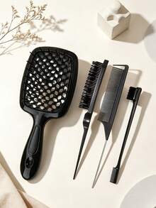 4Pcs Hair Styling Comb Set, Hollow Out Detangling Massage Hair Brush, Rat Tail Comb, Teasing Brush, Professional Hairdressing Tools For Women & Men, Salon Home Use, Anti-Tangle Hair Grooming Kit - Multicolor - View 7