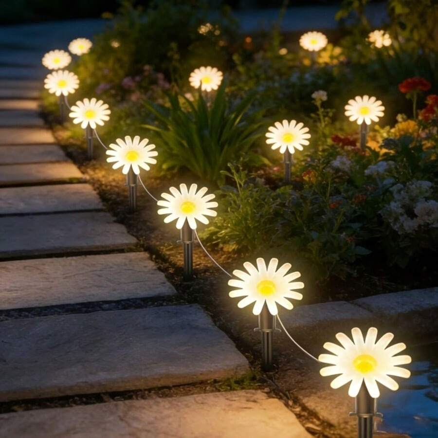 Create A Romantic Garden Night Scene With This Solar Powered Daisy Ground Light, 8LED, 12LED, 20LED Multiple Specifications Available, Warm Yellow Soft Light Healing And Soothing, Realistic Daisy Design Fresh And Elegant, Transparent Petals Bloom With Soft Glow At Night. Solar Powered Design, Automatically Absorbs Sunlight And Stores Energy During The Day, Built-In Light Sensor, Automatically Lights Up At Night, No Wiring And No Electricity Cost