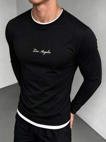 Men's Autumn 2-In-1 Letter Print Slim Regular Shoulder Round Neck Long Sleeve T-Shirt, Casual Daily Versatile - Black - View 1