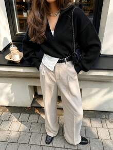 黑色拉鍊領女款復古針織上衣，長袖極簡優雅通勤風休閒秋冬套頭毛衣，時尚日常穿搭 - 黑色 - 查看 2