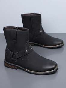 Men's Vintage Buckle Mid-Calf Boots, Side Zipper Fashion Riding Boots, Casual Chunky Heel Boots For Daily Wear - Black - View 3