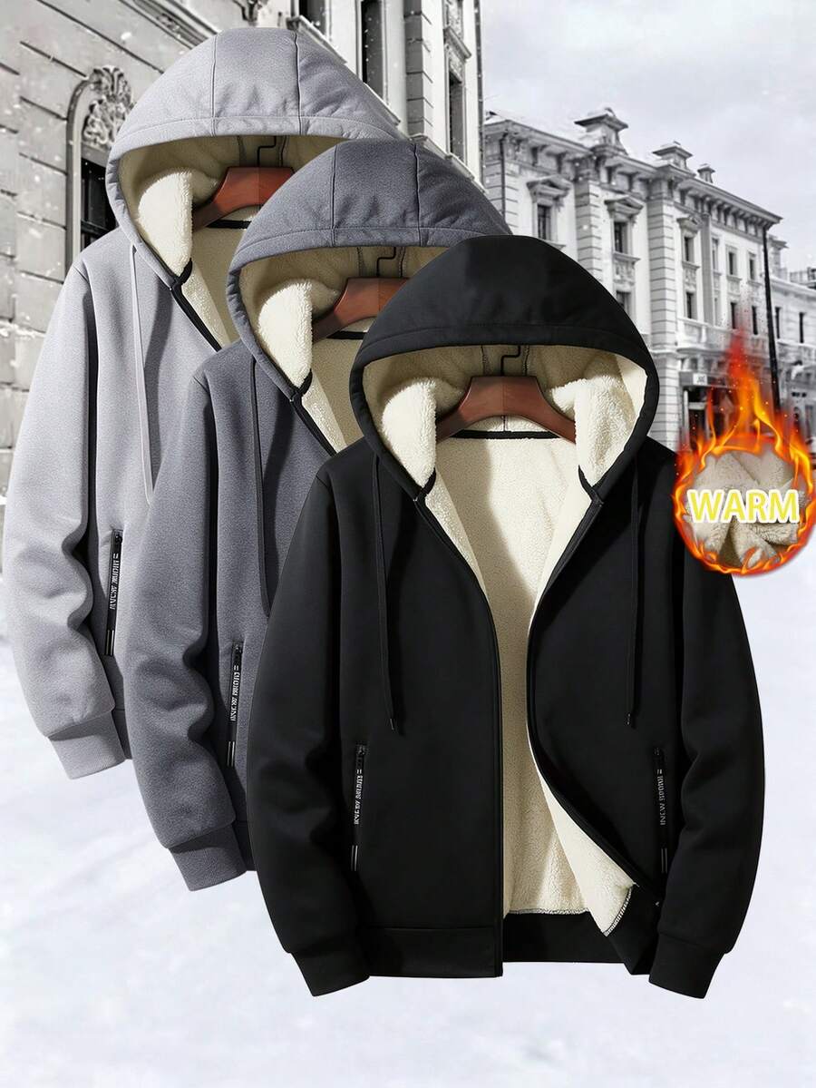 Men's Autumn/Winter Thermal Lined Thick Hooded Zip-Up Sweatshirt Solid Color - Black - View 1