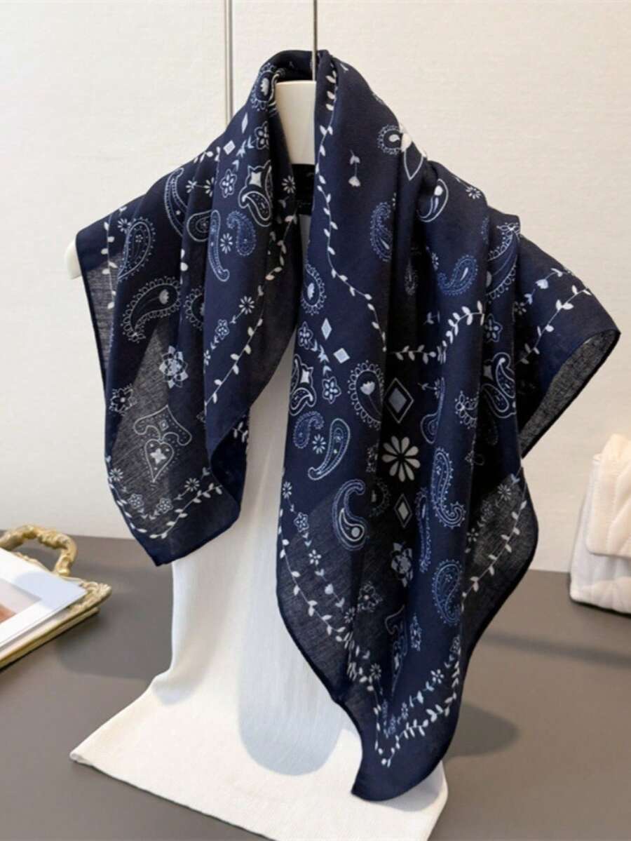 1件裝女款防曬多功能佩斯利印花方巾,棉麻質感頭巾髮巾頸巾,適合海灘、旅行與日常穿著 - 藏蓝色 - 查看 1
