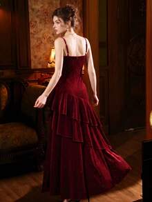 Formal Glitter Velvet Prom Dress Spaghetti Strap Sparkly Ruched Tiered Romantic Gala Party Gown Vintage Wedding Guest Birthday Party Dress Fall Winter - Burgundy - View 3