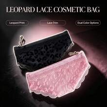 Leopard Lace Cosmetic Pouch, Semi Sheer Mesh Makeup Bag , Zippered Portable Storage Clutch For Lipstick, Cosmetics, Cards & Daily Essentials, Stylish Small Travel Organizer Purse, Elegant Vintage Lace Design For Women Daily Use - Leopard Print Lace Storage Bag Collection - View 9