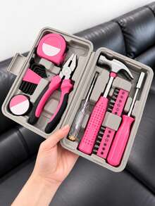 13/24pcs Pink Home Repair Tool Set, Barn-Style Toolbox With Screwdriver, Hammer, Pliers, Hex Key, Tape Measure, Portable Multi-Function Tools - Toolbox - View 2