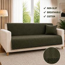 Non-Slip Tassel Sofa Cover – 100% Cotton – 170*200 Cm – Soft And Comfortable, Made In Türkiye - Green - View 1