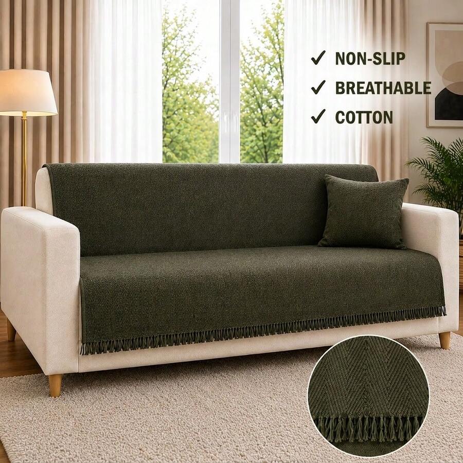 Non-Slip Tassel Sofa Cover – 100% Cotton – 170*200 Cm – Soft And Comfortable, Made In Türkiye - Green - View 1