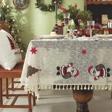 1Panel Vintage Santa Claus Embroidered Lace Tablecloth, Tassel Trim, Country Style Holiday Dining Table Decor, Suitable For Dining Room, Kitchen - Beige - View 3