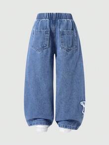Girls' Denim Jeans, Casual Everyday Wear, Star Patch Embroidery, Simple Versatile Pants, Children's Winter Clothing - Dark Wash - View 2