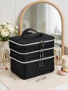 Minimalist Fashion, Black Embroidered Fabric, Extra Large Capacity Makeup Bag, Multi-Functional Three-Layer Partition Storage Bag, Convenient Zippered Toiletry Bag, Easy To Carry, Suitable For Home Daily, Travel, And Use - Black - View 4