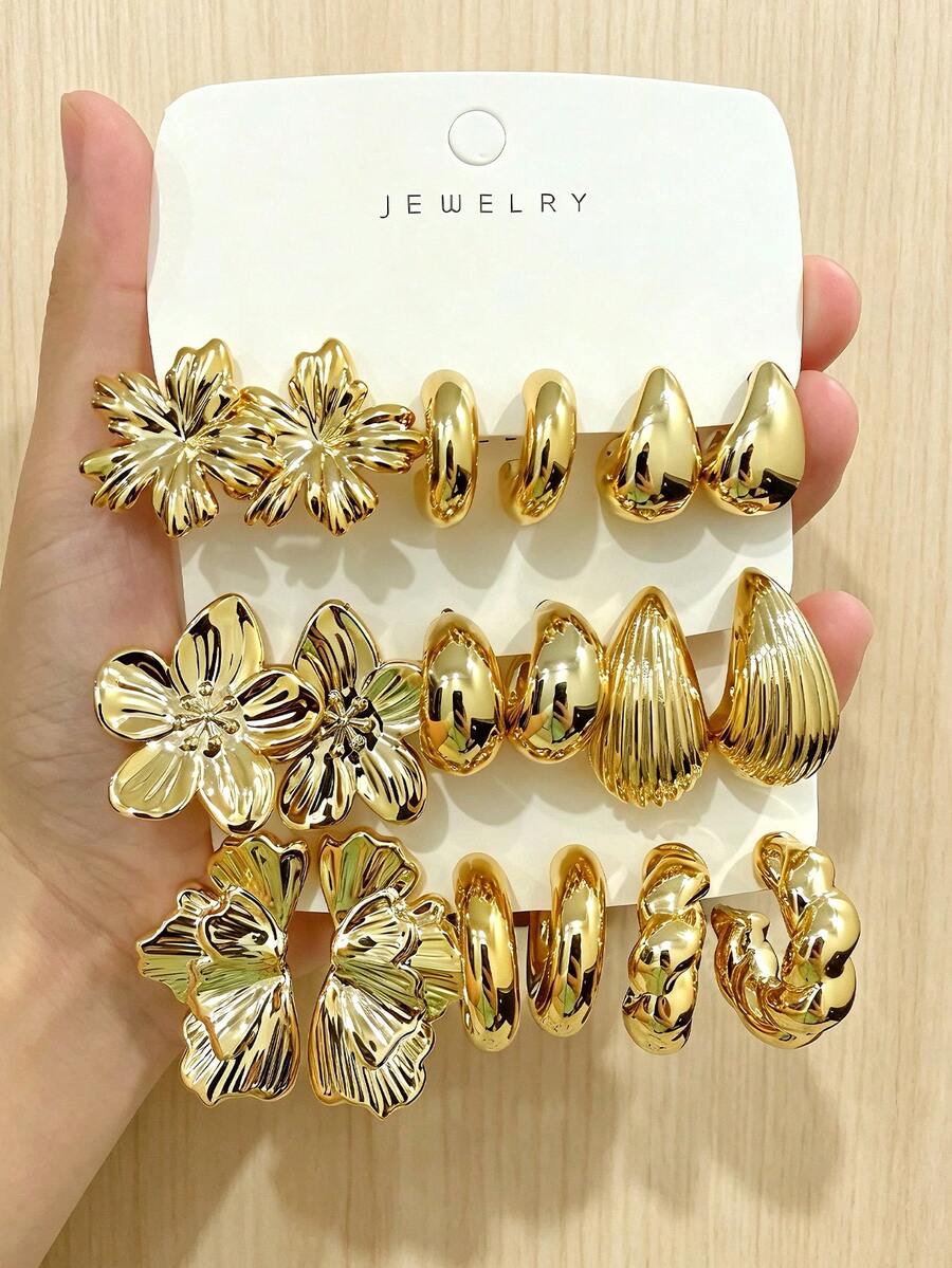 6/18pcs Gold Fashion Earrings Set, Stylish And Elegant, Suitable For Daily, Party And Event Occasions, Gift For Friends And Family (ABS Material, Non-Fading) - Multicolor - View 1