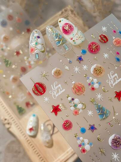 Christmas Tree Colorful Baubles Snowflakes Hot Stamping Gold Nail Art Stickers, 1pc Jelly 5D Embossed Self-Adhesive DIY Nail Stickers And Decals - Nail Supplies And Nail Charms For Girls And Women- Autumn Winter Nails For Nail Art Home Salon