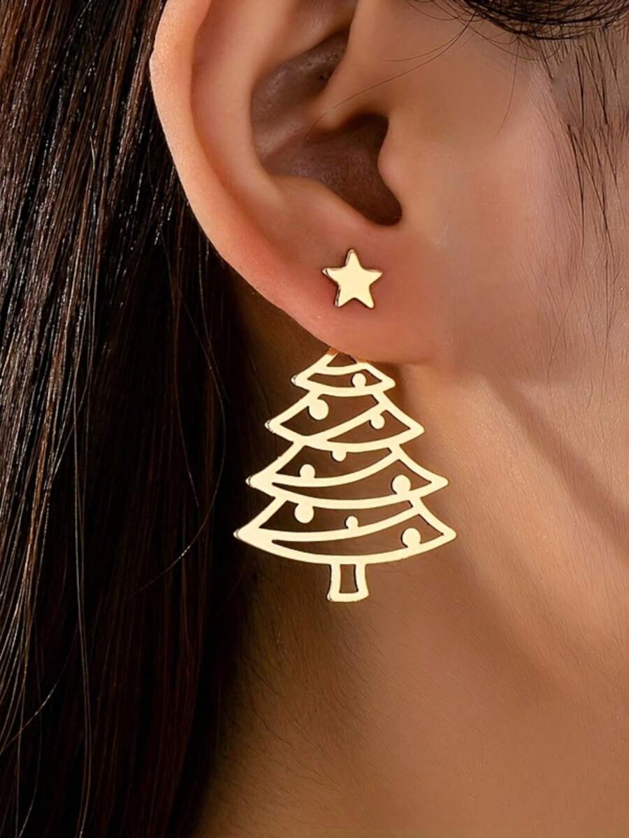 زوجان من أقراط الأذن المسمارية للنساء بتصميم شجرة عيد الميلاد المجوفة والنجمة، وجهان أمامي وخلفي، مناسبة لارتدائها في حفلات عيد الميلاد - الذهبي - مشاهدة 1