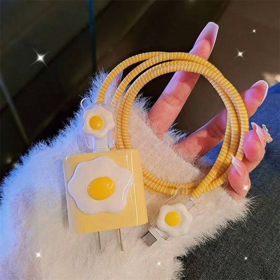 3D 蛋形圖案充電頭保護套，數據線防斷裂，適用於 iPhone 12/13/14/15/16 與 20W 快充充電器，數據線固定器，防斷線，TPU 充電頭保護套