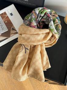 1pc New Autumn/Winter Women's Vintage Patchwork Floral & Letter Print Oversized Scarf, Soft Knitted Long Shawl, Multi-Functional Fashion Daily Accessory - Multicolor - View 7