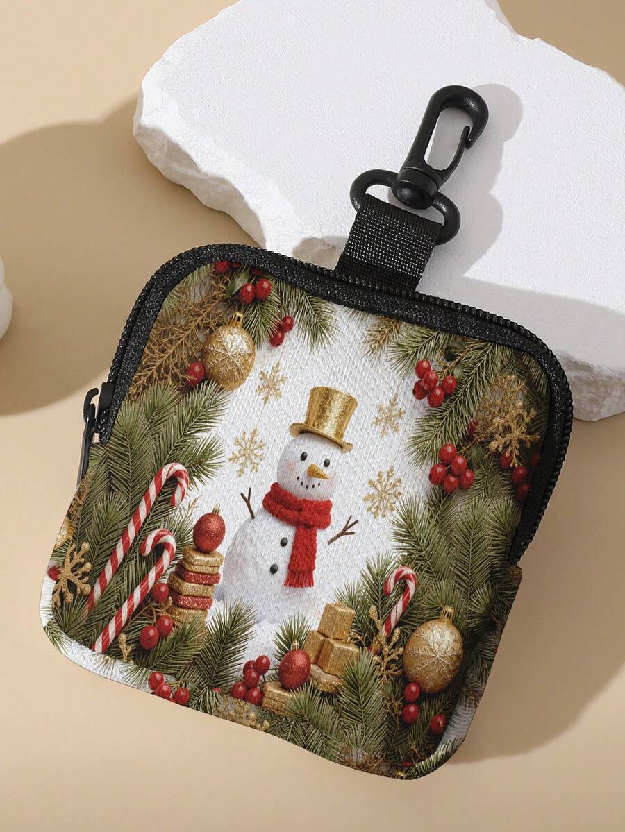 1pc Christmas, Snowman Print Children's Mini Coin Purse, Zipper Closure Small Pouch With Swivel Hook For Earphones,Coins,Key.Can Hang On Backpack - Multi - View 1