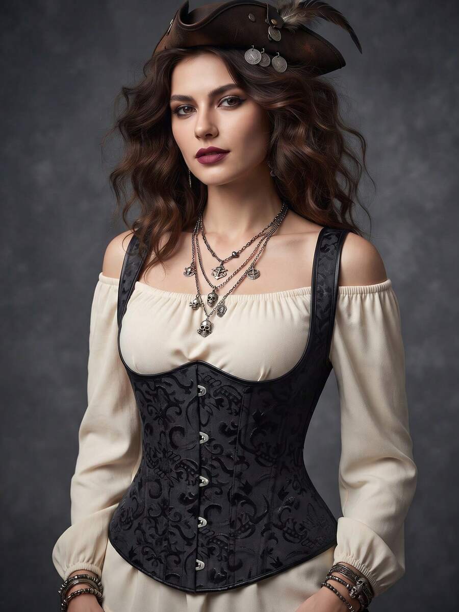 Women's Renaissance Style Corset Top, Adjustable Straps, Floral Underbust Corset, Lace-Up Design, Suitable For Renaissance Fairs, Pirate Cosplay, Halloween Parties - Black - View 1