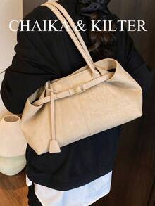 CHAIKA & KILTER 素色大容量手提包，時尚單肩包，全包面石紋圖案與肩帶裝飾，磁吸開合，適合日常出行、約會、通勤，女款時尚包 - 淺卡其色 - 查看 7