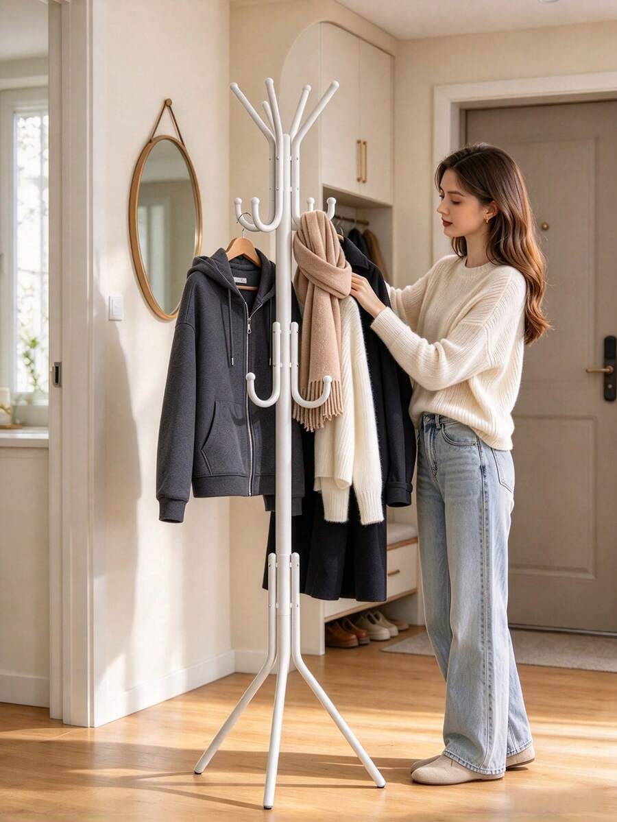 Freestanding Coat Rack With Multi-Hook Layered Design For Clothes, Bags And Hats. Stable Tripod Base Prevents Tipping. Multiple Colors Available. Space-Saving Minimalist Style, Ideal For Entryways And Bedrooms. - Multicolor - View 1