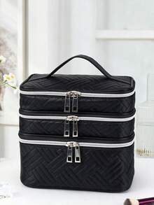 Minimalist Fashion, Black Embroidered Fabric, Extra Large Capacity Makeup Bag, Multi-Functional Three-Layer Partition Storage Bag, Convenient Zippered Toiletry Bag, Easy To Carry, Suitable For Home Daily, Travel, And Use - Black - View 6