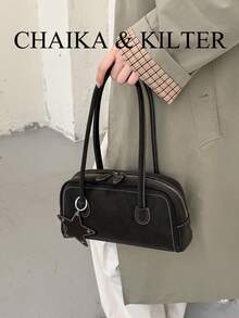 CHAIKA & KILTER 1件裝純色PU布料女款復古時尚啞光單肩保齡球包，對比色絎縫線條，雙手柄設計，拉鍊開合，適合日常與街頭穿搭（含吊飾） - 咖啡 - 查看 6