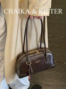 CHAIKA & KILTER 1件裝 素色亮面PU布料女款時尚單肩包 多口袋大容量波士頓保齡球包 拉鍊開合 適合日常與街頭使用（附吊飾） - 咖啡 - 查看 5