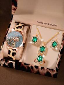 SOKI 4pcs Leopard Print Jewelry Watch Set, Women's Round Leopard Dial Quartz Watch With Leopard Print PU Strap, Rhinestone Black Leopard Necklace, Earrings And Brooch, Fashion Animal Pattern Accessory Gift Set (No Packaging Box) - Brown - View 6