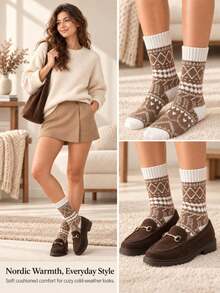 1/3/5 Pasang Kaos Kaki Wanita Gaya Acak, Kaos Kaki Musim Dingin Hangat Empuk Berlapisan Terry Fair Isle untuk Cuaca Dingin - MultiWarna - View 5