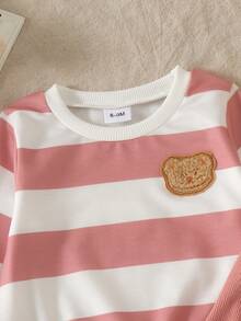 2pcs Baby Girl Cute Sweet Casual Bear Pattern Striped Long Sleeve Sweatshirt & Slim Leggings Set, Thin Spring/Autumn - Dusty Pink - View 4