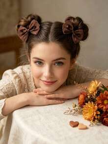 2Pcs Brown Floral Embroidered Satin Ribbon Bow Hair Clip - Women Elegant French Chic Balletcore Barrette For Party & Daily Fashion Outfits - Coffee - View 2