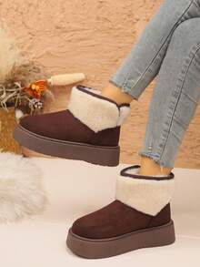 Women's Bohemian Style Plush Trim Short Winter Boots, Round Toe, Thick Fleece Lining, Platform Sole, Daily Warm Boots - Coffee Brown - View 6