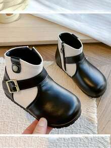 1 Pair Girls' Colorblock Ankle Boots, Black Leather & Canvas Patchwork With Buckle Side Zipper, Baby Boots, Spring/Autumn - Black - View 5