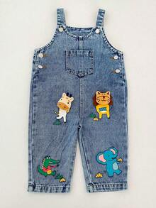 Autumn New Baby Girl Clothing, Cartoon Animal Print Denim Overalls With Pockets, Long Pants For Baby Boys And Girls - Blue - View 4